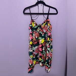 ROXY Floral Sun Surf Dress Bright Floral Bow Adj Straps Mint Pink Yellow Sz M
